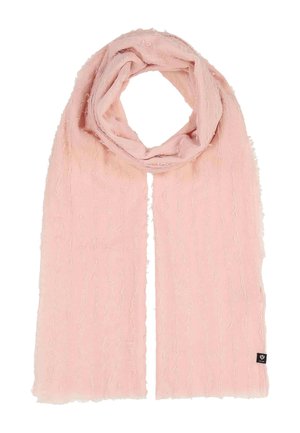 Zachtroze sjaal met getextureerde verticale draden, losjes in een lus gevouwen, met een klein zwart merkje aan één uiteinde.