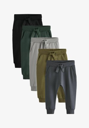 Fem par joggarbyxor i svart, mörkgrön, ljusgrå, olivgrön och mörkgrå. Tillverkade av mjukt tyg med elastiska midjeband och fickor.