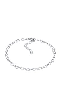 Silver armband med sammanlänkade hjärtformade och ovala länkar, med en säker lås och justerbar kedjeextension.