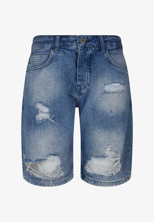 Dżinsowe szorty w wyblakłym niebieskim kolorze z postrzępionymi krawędziami. Posiadają liczne przetarcia oraz klasyczny pięciokieszeniowy krój z zapięciem na guzik.