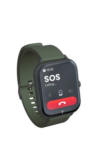 Smartwatch met een rechthoekig zwart scherm dat "SOS Bellen..." in witte tekst weergeeft, groene siliconen band met een uitsnijdingen ontwerp voor ademend gemak.