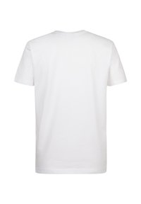 T-shirt bianco in cotone con collo rotondo classico, maniche corte e una texture liscia. Nessuna grafica o decorazioni visibili.