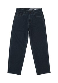 Dark blue denim jeans with a relaxed fit, featuring five pockets, a front button closure, and straight legs. The fabric has a smooth texture.