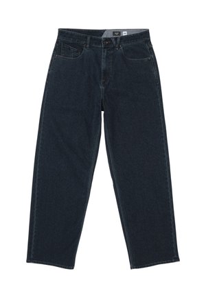 Donkerblauwe spijkerbroek met een ontspannen pasvorm, voorzien van vijf zakken, een knoopsluiting aan de voorkant en rechte pijpen. De stof heeft een gladde textuur.