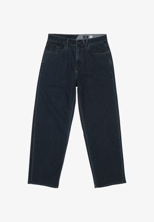 Jeans in denim blu scuro con un fit rilassato, dotati di cinque tasche, chiusura con bottone frontale e gambe dritte. Il tessuto ha una consistenza liscia.