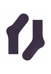 Fioletowe skarpetki wykonane z miękkiego materiału, charakteryzujące się gładką powierzchnią i żebrowanym wzorem, z nazwą marki nadrukowaną w jasnym fiolecie po boku.