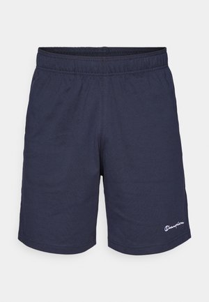 Shorts de sport bleu marine en tissu doux, dotés d'une ceinture élastique et d'un petit logo Champion blanc en bas à gauche.