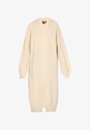 Kremasti pleteni kardigan s V-izrezom, teksturiranom tkaninom, oversized rukavima i otvorenim prednjim dizajnom. Sadrži rebraste manžete i rub.