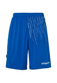 Blå sportshorts lavet af glat stof, med et hvidt skråstribet mønster på venstre side og en elastisk talje.