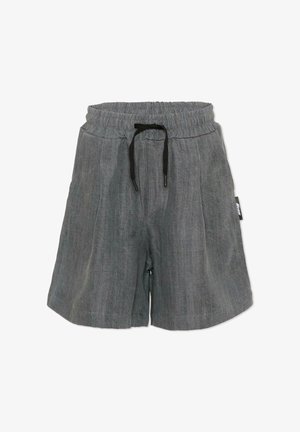Grijze linnen shorts met elastische tailleband en zwarte trekkoord, voorzien van zijzakken en een klein merketiket aan de rechterkant.
