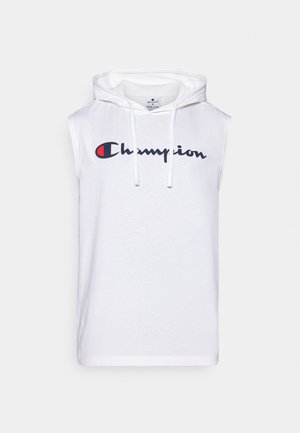 Weißer ärmelloser Hoodie aus weichem Stoff. Verfügt über eine vordere Kängurutasche und ein schwarzes und rotes "Champion"-Logo auf der Brust.