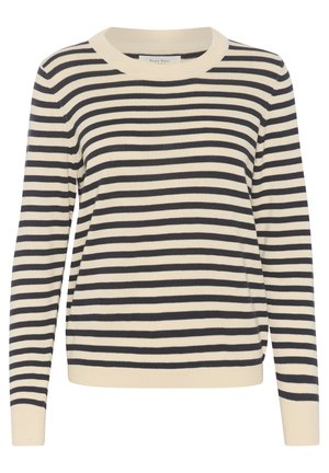 Striped pullover sweater in cream and navy, featuring a round neckline, ribbed cuffs, and a soft texture with horizontal stripes.