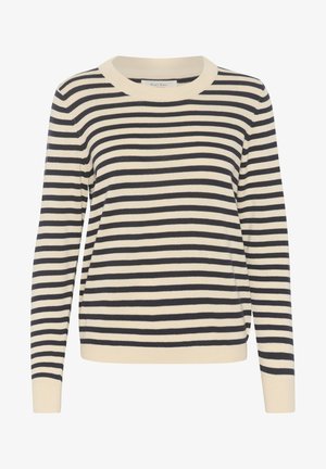 Joslains ar svītrām, krēmkrāsā un tumši zilā krāsā, ar apaļu izgriezumu, ribotām aprocēm un mīkstu tekstūru ar horizontālām svītrām.