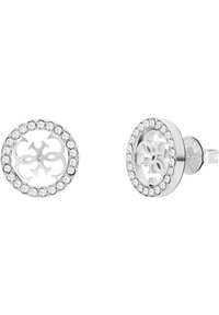 Zilveren stud oorbellen met een cirkelvormig ontwerp en een uitgestanste logo in het midden, omringd door een rij sprankelende heldere kristallen.