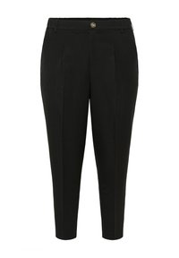 Pantaloni negri tapered cu plissante frontale, închidere cu buton și fermoar, bucle pentru curea și buzunare laterale.