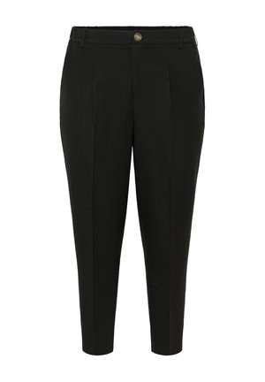 Pantalons fuselés noirs avec plis sur le devant, fermeture à bouton et zip, passants de ceinture et poches latérales.