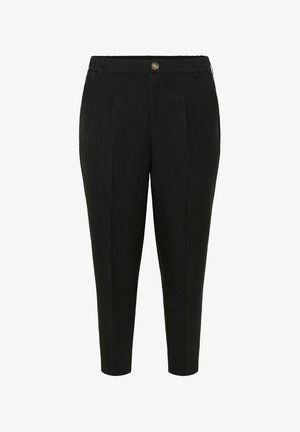 Pantalons fuselés noirs avec plis sur le devant, fermeture à bouton et zip, passants de ceinture et poches latérales.