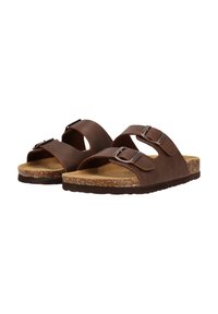 Braune Lederrutsche-Sandalen mit zwei verstellbaren Schnallen, Korkfußbett und strukturiertem Gummisole. Minimalistisches Design, offene Zehenform.