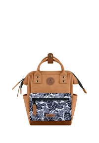 Tan leather backpack with a white and navy tropical pattern front pocket. Features dual top handles and a zipper. Round logo detail visible.