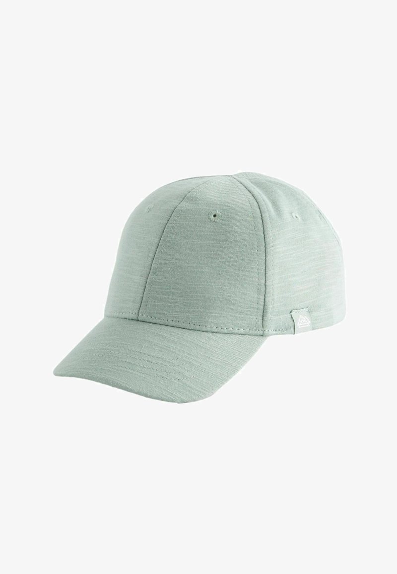 Mentazöld sapka texturált anyagból, ívelt szélekkel, felső szellőzőnyílásokkal és logócímkével az oldalán.
