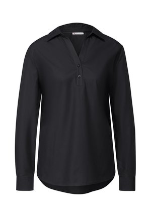 Chemise noire à manches longues avec un col, patte de boutonnage à deux boutons et ourlet droit. Tissu lisse sans motifs ni accents visibles.