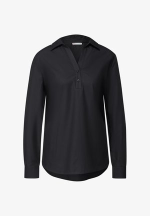 Czarna koszula z długim rękawem, z kołnierzykiem, zapinana na dwa guziki, z prostym dołem. Gładki materiał bez widocznych wzorów czy akcentów.