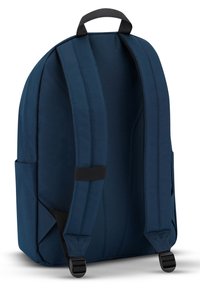 Navy blue backpack made of smooth fabric, featuring padded adjustable straps, a top handle, and side pockets for added storage.