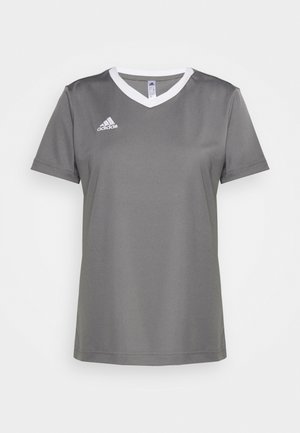 Graues sportliches T-Shirt mit V-Ausschnitt, kurzen Ärmeln und weißen Kragenakzenten. Verfügt über ein weißes Adidas-Logo auf der linken Brust.