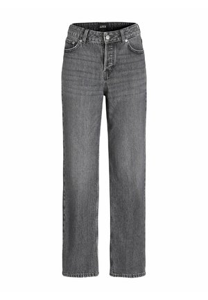 Otse säärega hallid teksapüksid esitaskute, vööaasade ja nööpidega, kujutatud valgel taustal.