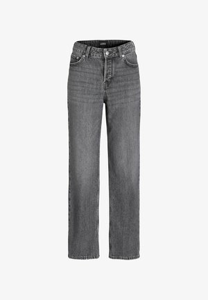 Straight-leg gray denim jeans with front pockets, belt loops, and button closure, shown on a white background.