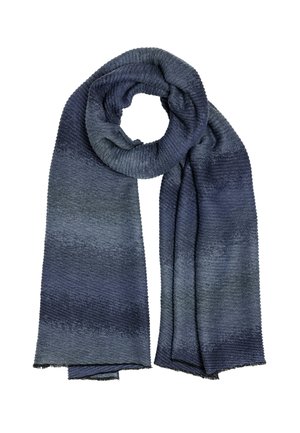 Soft, knitted scarf in varying shades of blue, wrapped in a circular loop with both ends hanging down.