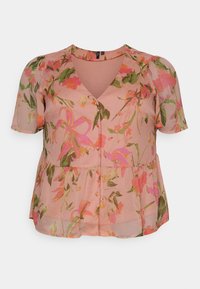 Lyserød kortærmet bluse med grønne og orange blomstertrykte, V-hals, frontknapper og samlet talje.