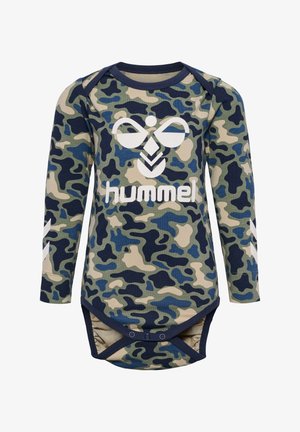 Long-sleeve bodysuit in camouflage pattern with shades of green, navy, and beige. Features a white logo and snap closure at the bottom.