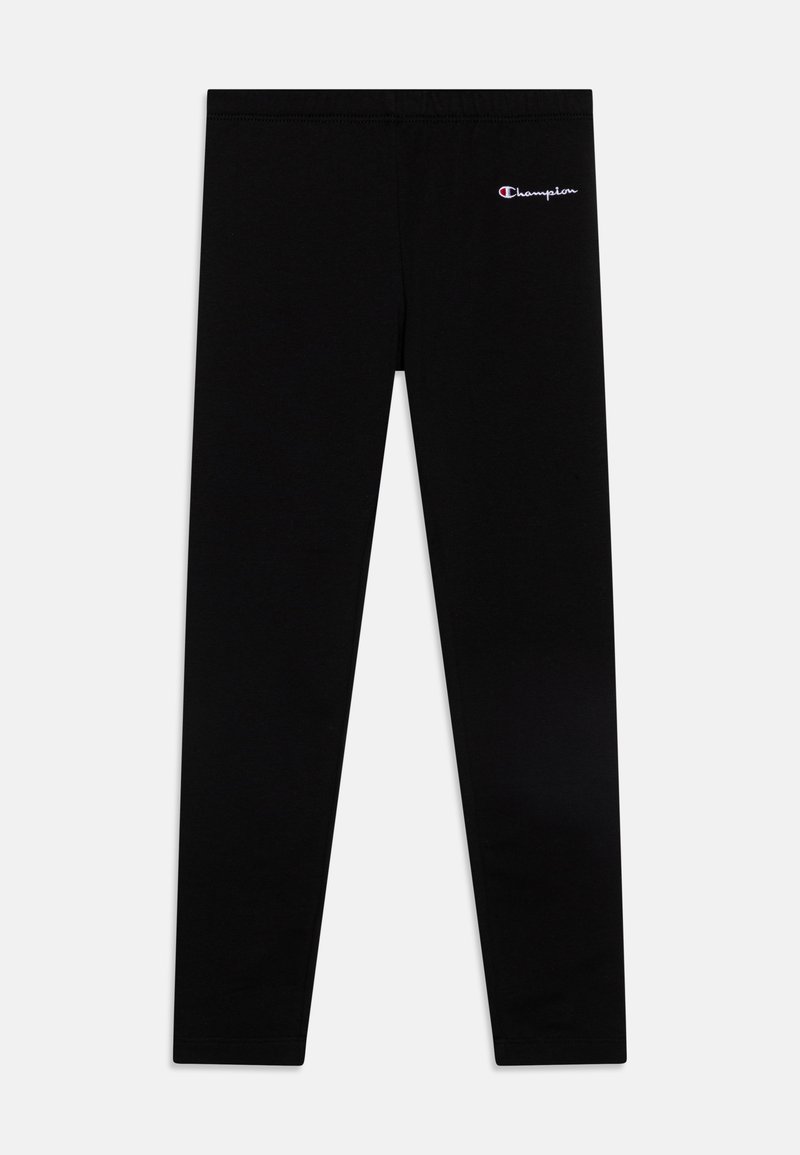 Leggings noirs en coton extensible avec une taille élastique. Présente un petit logo multicolore Champion sur le côté supérieur gauche.