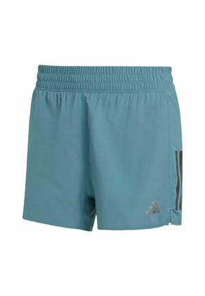 Turquoise athletic shorts with an elastic waistband, featuring dark vertical stripes and a small reflective logo on the lower right side.