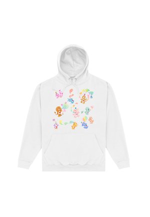 Biała bluza z kapturem z kolorowymi kreskówkowymi zwierzętami dmuchającymi trójwymiarowe, sercowate i tęczowe bąbelki na przodzie.