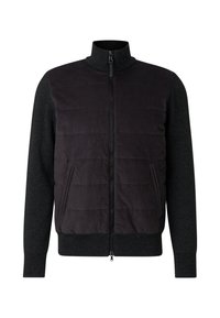 Sort quiltet jakke med høj krave og lynlåslukning foran. Mørkegrå ærmer og sidelommer. Tekstureret stof, sporty design.