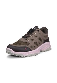 Chaussure de sport outdoor marron et rose avec des panneaux en mesh, un embout renforcé et un système de verrouillage rapide des lacets sur une semelle durable.