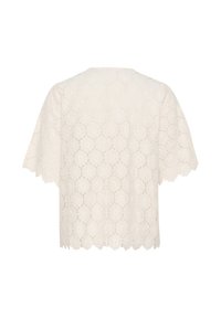 Top in pizzo off-white con motivo floreale, maniche corte, orlo ondulato e texture leggermente trasparente. La vista posteriore mostra il design complessivo.