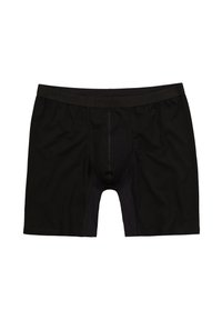 Boxer shorts noirs fabriqués en tissu doux, dotés d'une pochette profilée, d'une taille élastique et d'un design mi-long.