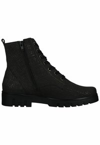 Bottines noires avec une surface texturée, à lacets à l'avant et fermeture éclair. Semelle en caoutchouc robuste avec un motif cranté pour une meilleure adhérence.