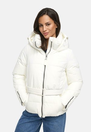 White puffer jacket with a structured design, zip front, drawstring hood, and belted waist; features zip pockets and quilted texture.