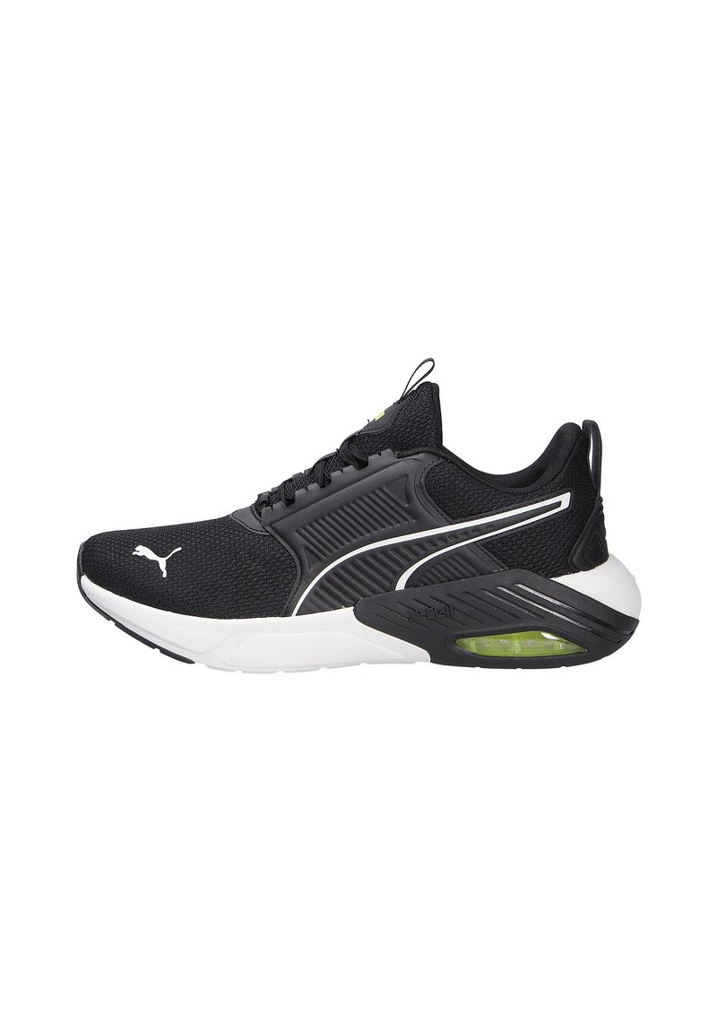 Schwarzer Sportschuh mit Mesh-Obermaterial, weißen Akzenten, gepolstertem Kragen und grüner Luftpolsterung in der Ferse. Leichtes, stromlinienförmiges Design.