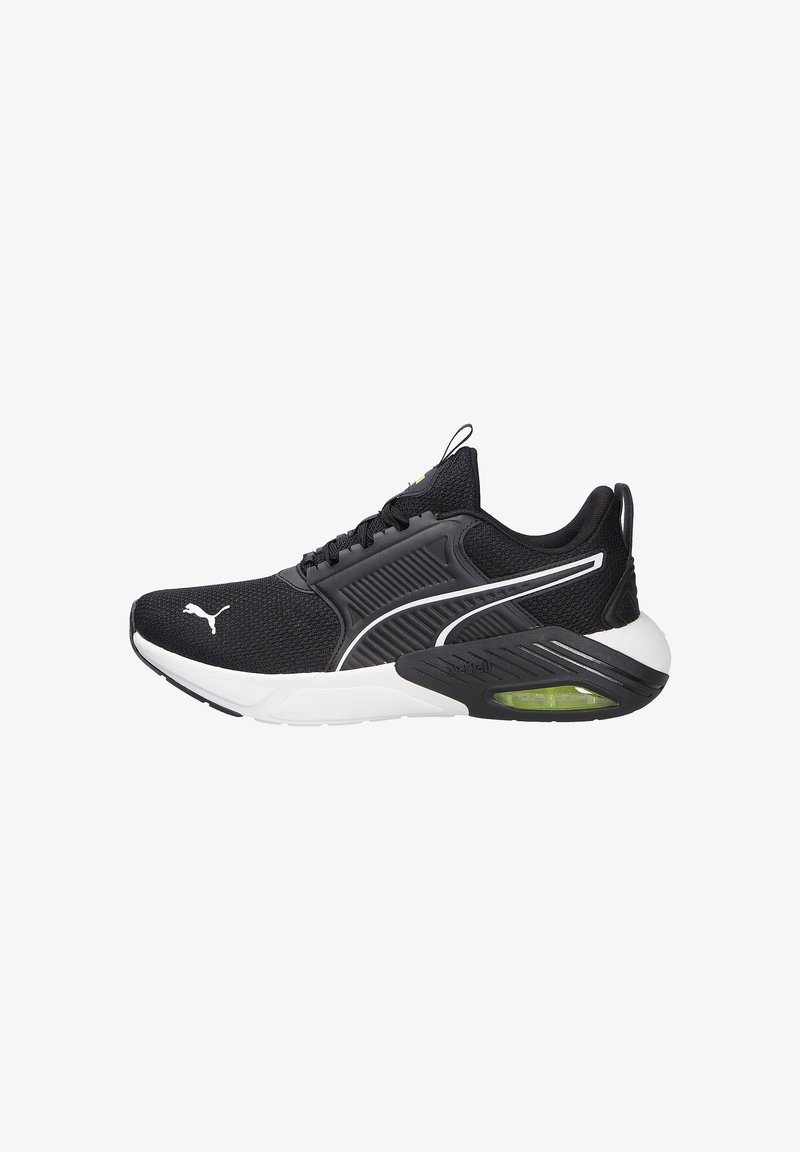 Black athletic shoe with mesh upper, white accents, padded collar, and green air cushioning in the heel. Lightweight, streamlined design.