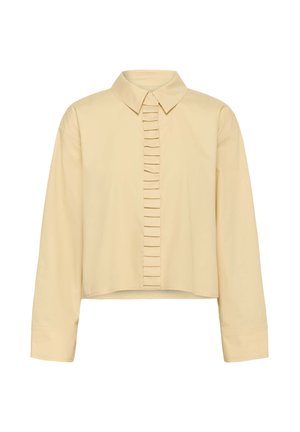 Lühendatud pikkade varrukatega särk heledast kollasest kangast, millel on frontaalne nööpide rida, vertikaalsed voldid ja klassikaline krae. Sile tekstuur.