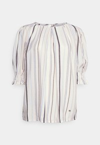 Blusa leve de mangas compridas com riscas verticais em branco, azul e castanho. Detalhe franzido nos punhos das mangas, decote redondo e rachas laterais.