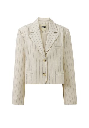 Blazer beige coupé avec rayures bleu, revers crantés, deux poches avant et boutons dorés. Fabriqué à partir d'un tissu texturé.