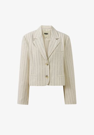 Beige Blazer mit blauen Streifen, mit Reverskragen, zwei Fronttaschen und goldenen Knöpfen. Hergestellt aus strukturiertem Stoff.