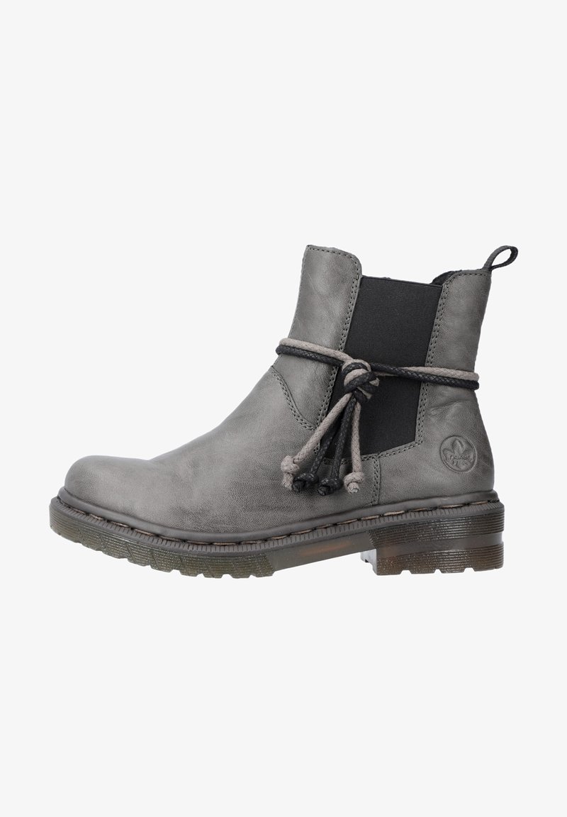 Gray leather ankle boot with elastic side panels, decorative tie, and ribbed rubber sole. Features a round toe and logo detail on heel.