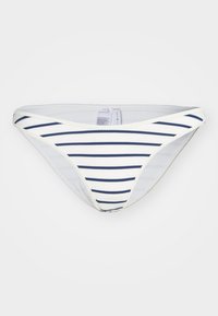 Striped bikini bottom featuring horizontal navy and white stripes, made from smooth, lightweight fabric with a low-rise design and narrow sides.